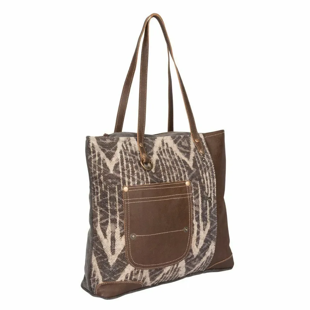 Myra Bag  Upcycled Canvas & Cowhide Leather Brown Canvas Tote Bag